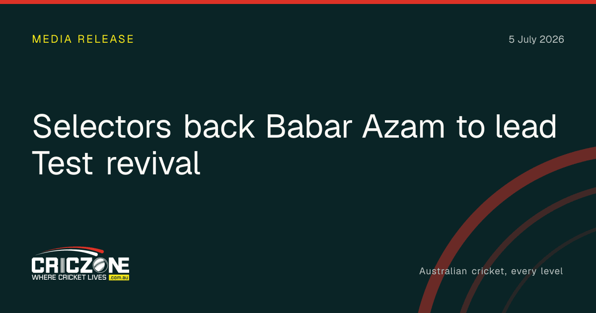 CricZone editorial cover. Selectors back Babar Azam to lead Test revival.