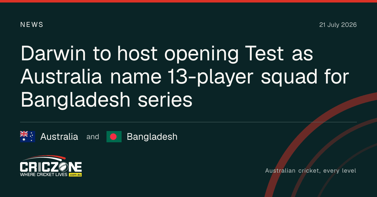 CricZone editorial cover. Darwin to host opening Test as Australia name 13-player squad for Bangladesh series. Australia and Bangladesh.