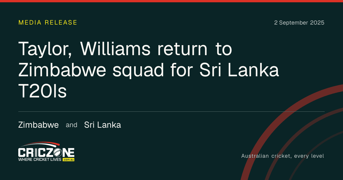 CricZone editorial cover. Taylor, Williams return to Zimbabwe squad for Sri Lanka T20Is. Zimbabwe and Sri Lanka.