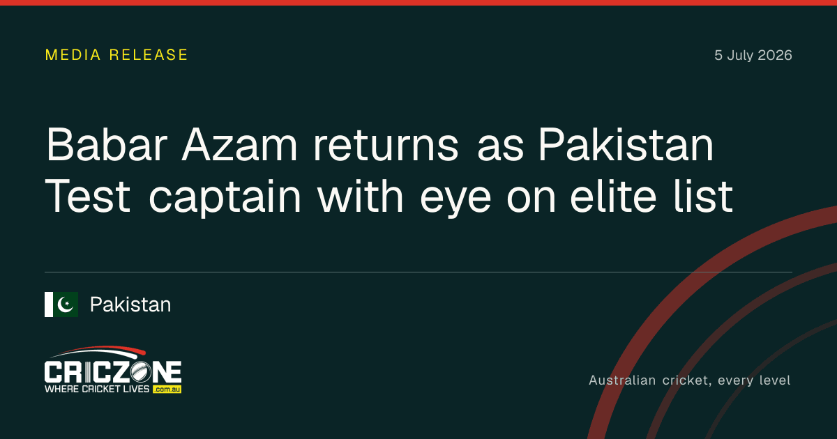CricZone editorial cover. Babar Azam returns as Pakistan Test captain with eye on elite list. Pakistan.
