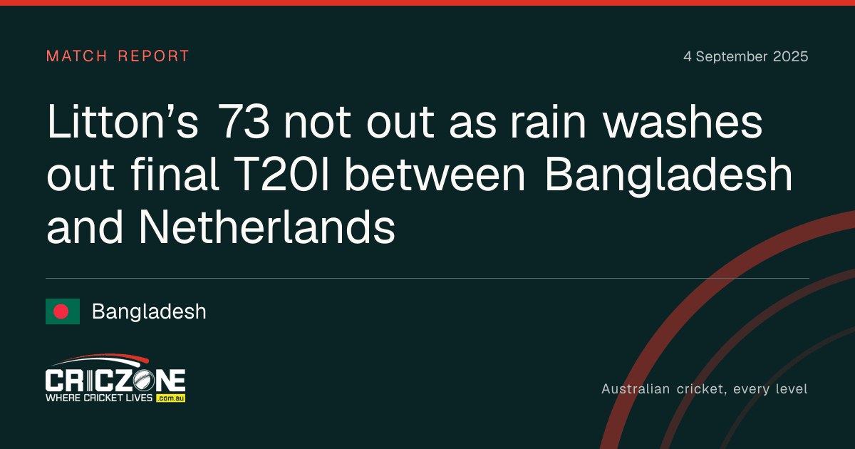 CricZone editorial cover. Litton’s 73 not out as rain washes out final T20I between Bangladesh and Netherlands. Bangladesh.
