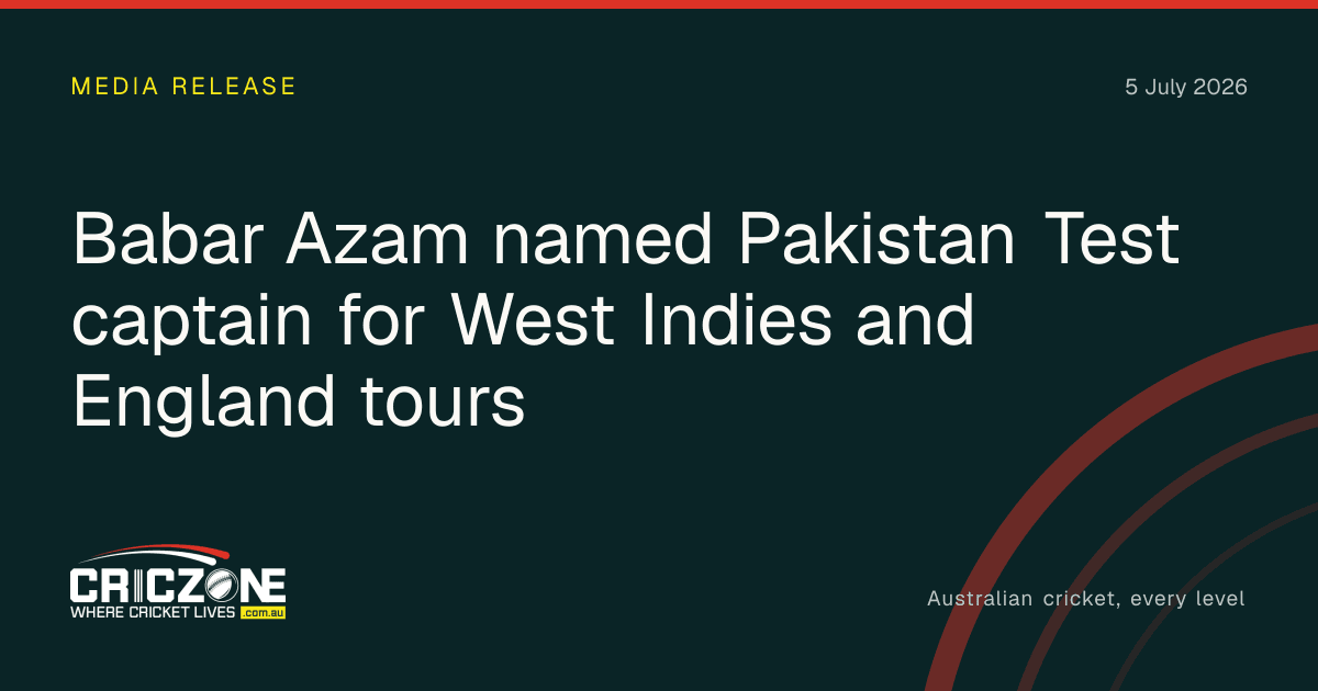 CricZone editorial cover. Babar Azam named Pakistan Test captain for West Indies and England tours.