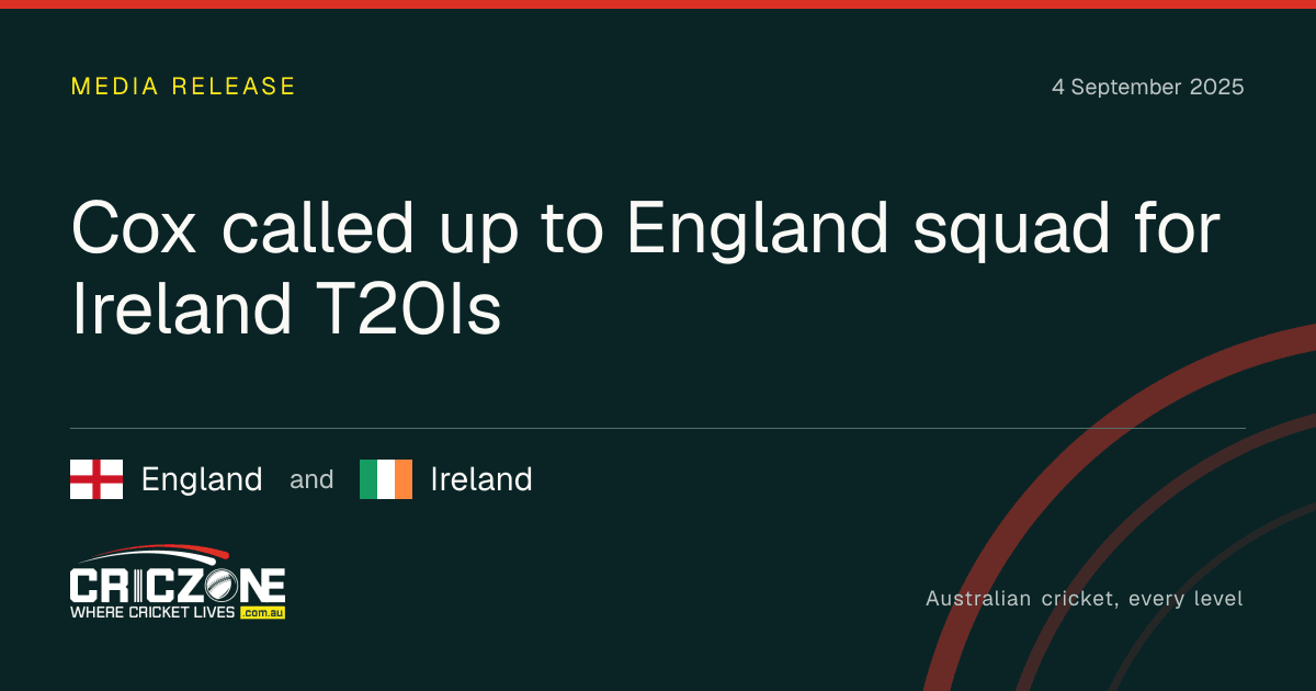 CricZone editorial cover. Cox called up to England squad for Ireland T20Is. England and Ireland.