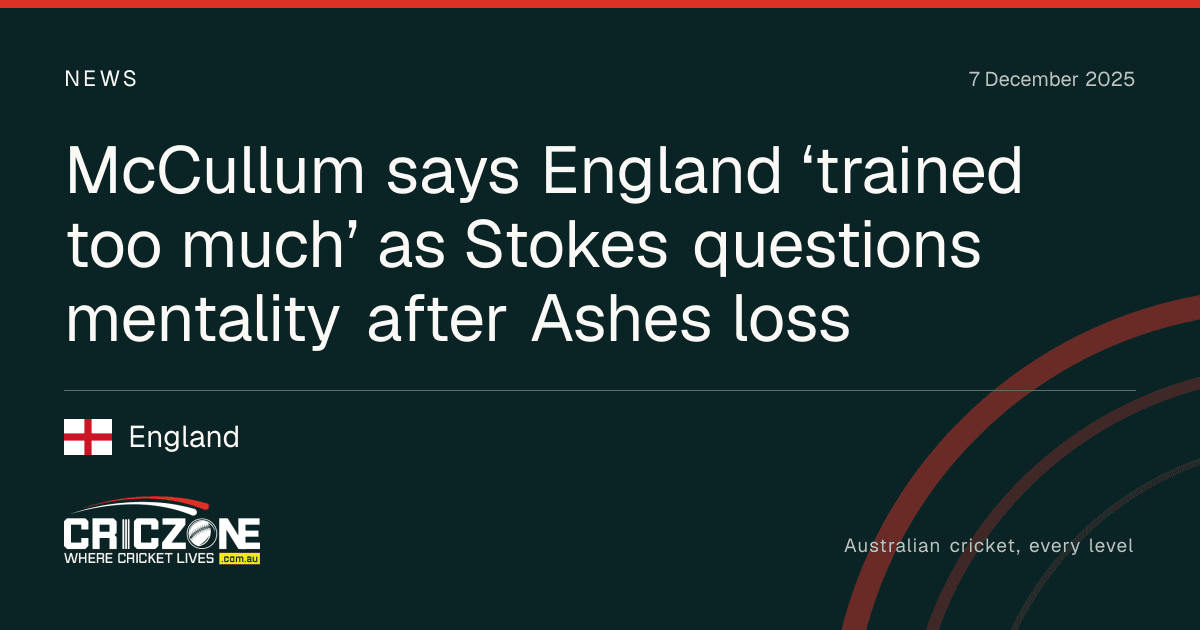 CricZone editorial cover. McCullum says England ‘trained too much’ as Stokes questions mentality after Ashes loss. England.